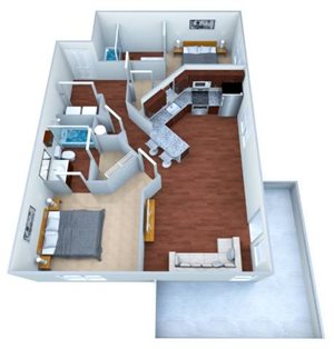 A 3D floor plan of a house with a kitchen, living room, and two bedrooms.